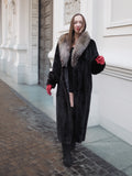 Black Dark Ranch Mink Coat With Silver fox Shawl Collar M/L