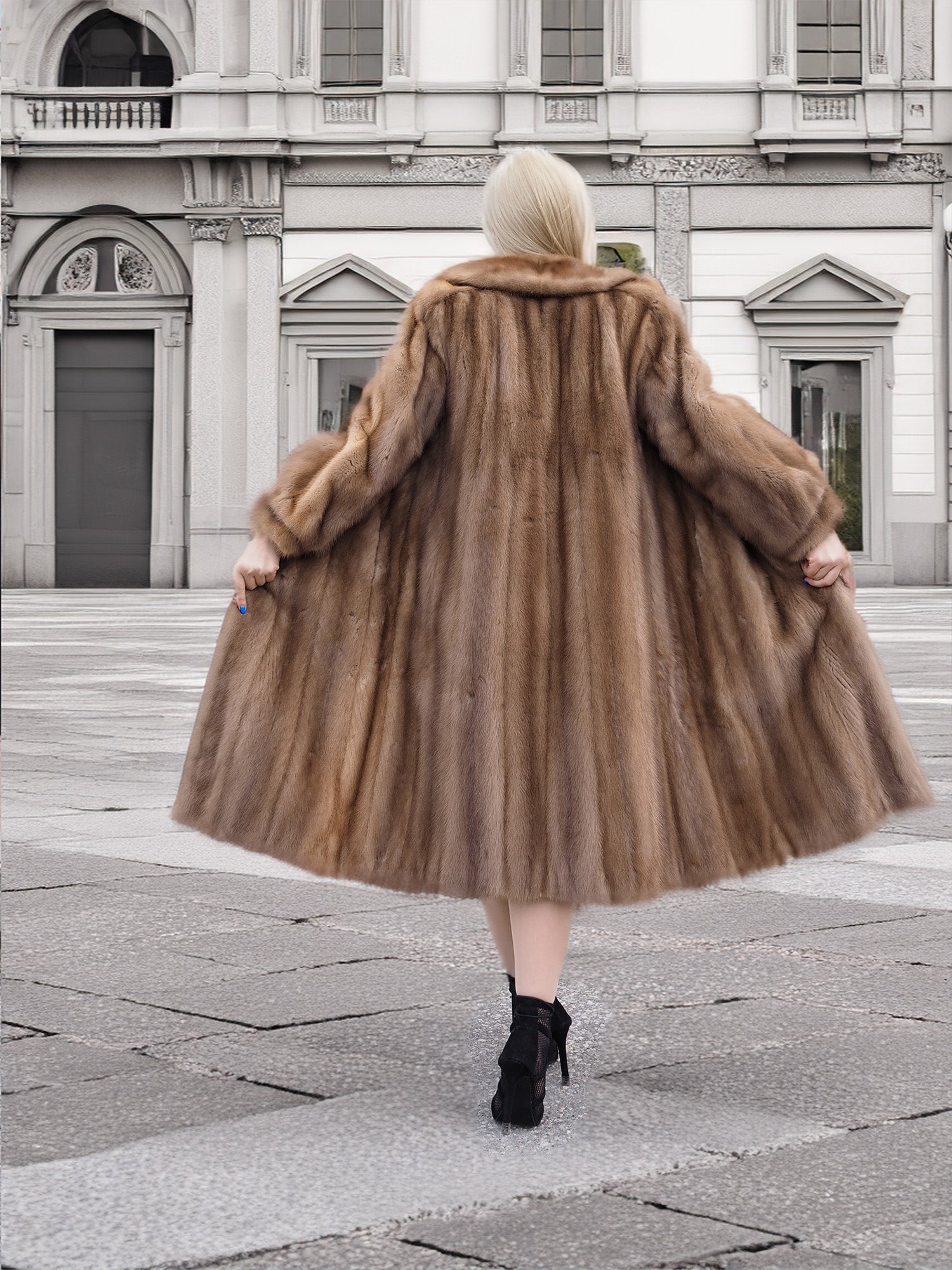 a woman in a fur coat is walking down the street