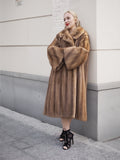 Elegant vintage-inspired Canadian brown mink fur coat, full-length silhouette, warm and luxurious winter fashion accessory.