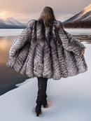 Person wearing a fur coat standing in a snowy landscape with mountains and water.