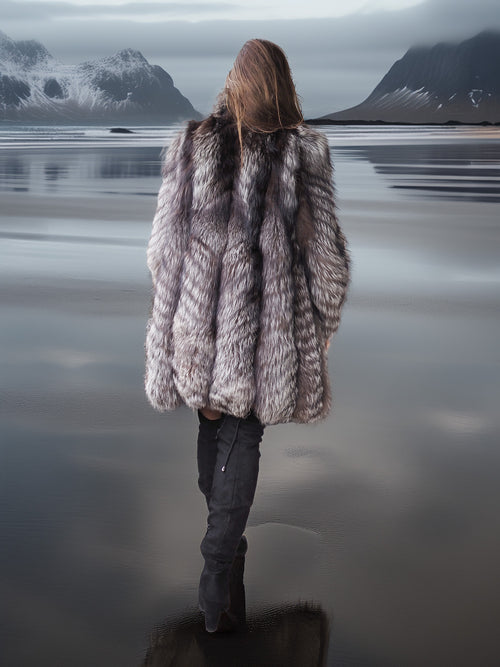 Person wearing a fur coat standing on a snowy landscape with mountains in the background