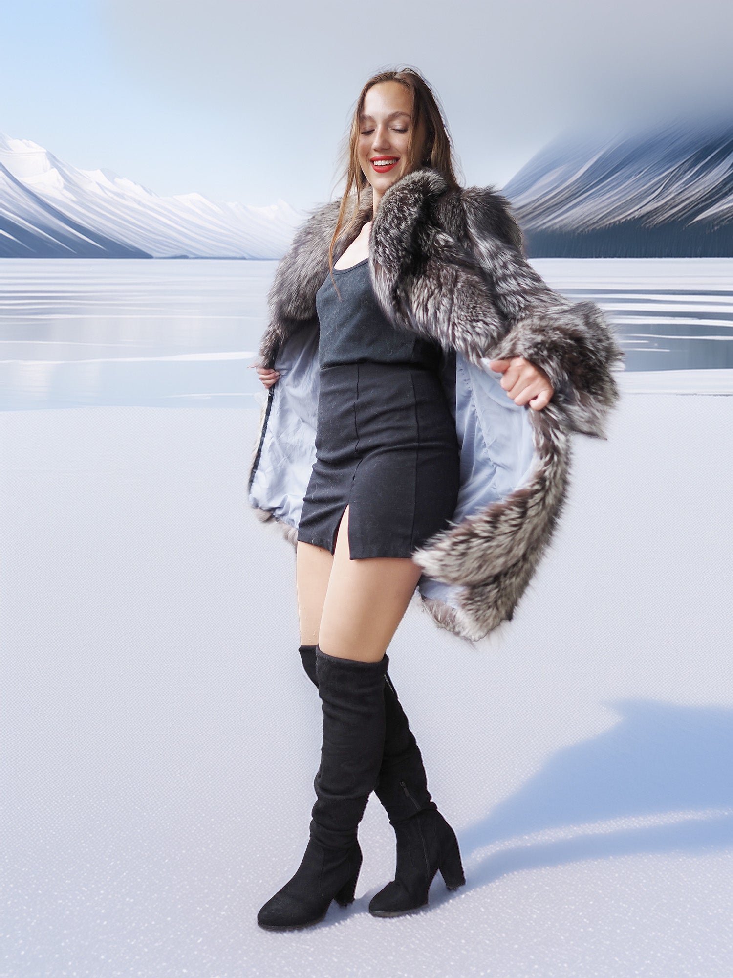 Woman in a fur coat and black boots standing in a snowy landscape with mountains.