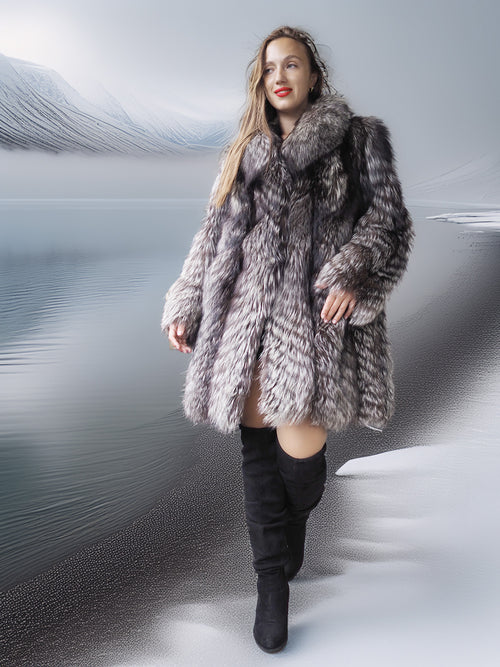 Woman wearing a fur coat and black boots against a snowy landscape