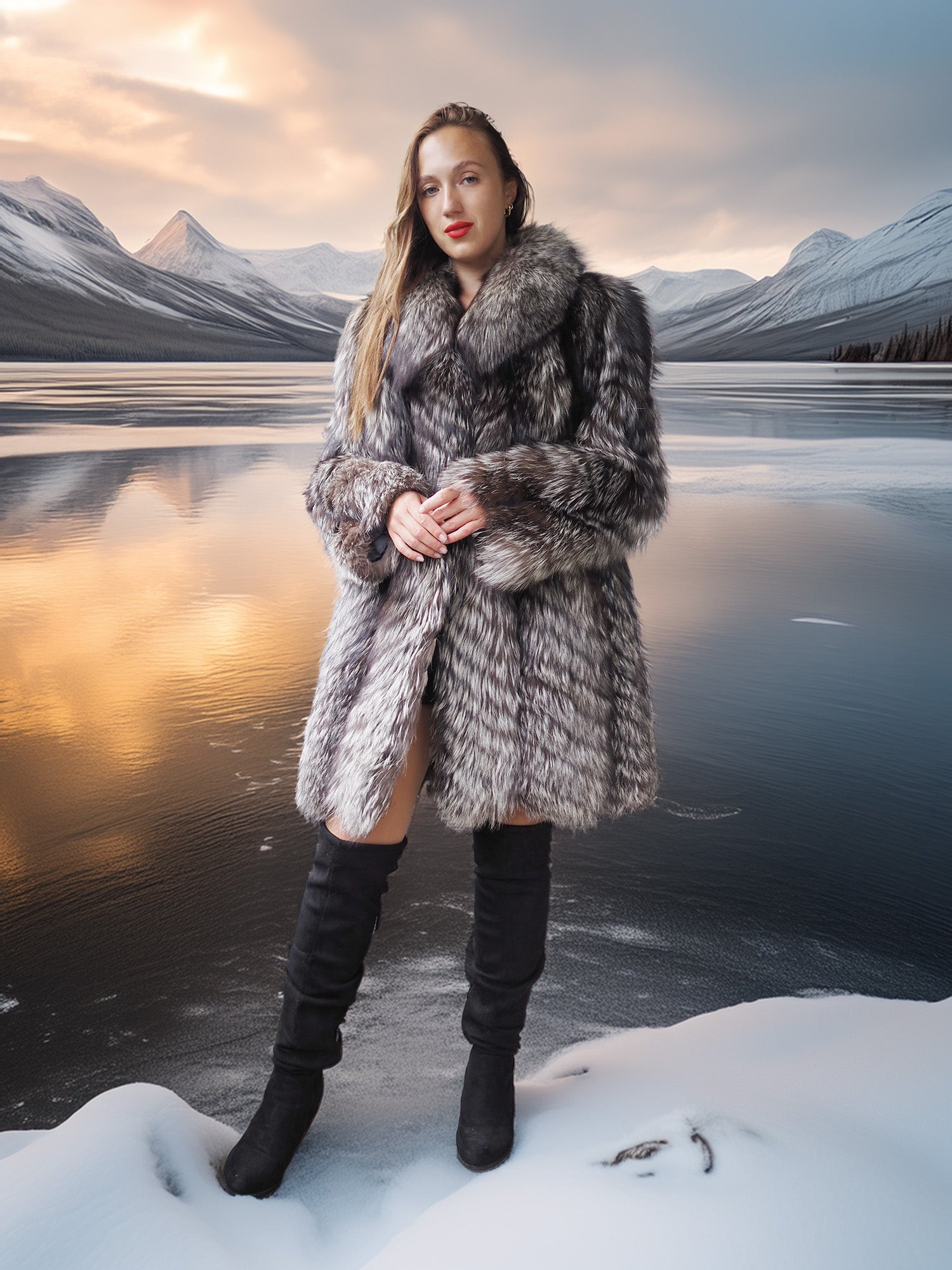 Woman in a fur coat standing in a snowy landscape with mountains and water.