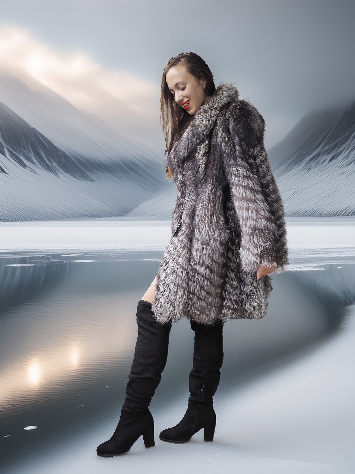 Woman wearing a fur coat and black boots against a snowy mountain background