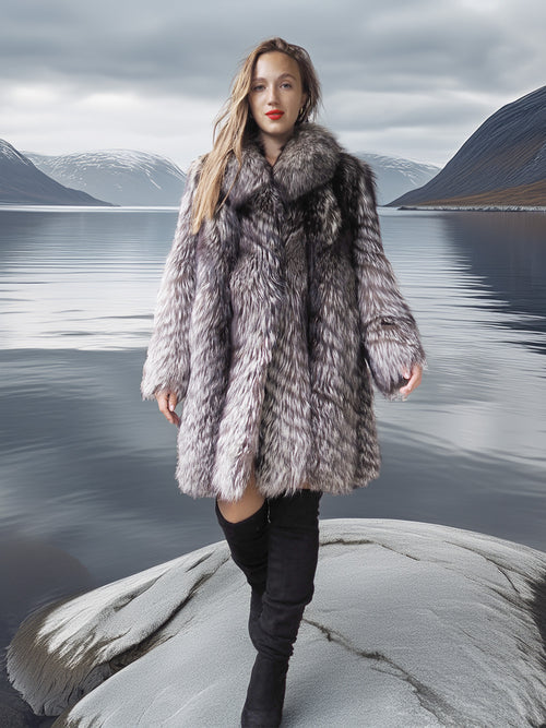 Woman in a fur coat standing on a rock with a scenic mountain and lake background