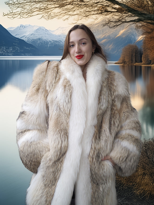 Woman wearing a fur coat with a scenic background of mountains and a lake.