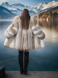 Person wearing a fur coat standing by a lake with mountains in the background