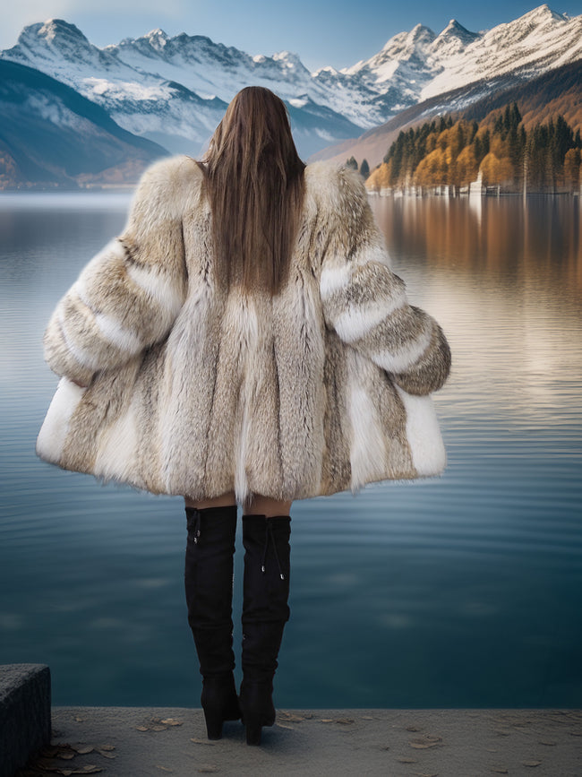 Person wearing a fur coat standing by a lake with mountains in the background