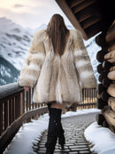 Person wearing a fur coat standing on a snowy path with mountains in the background