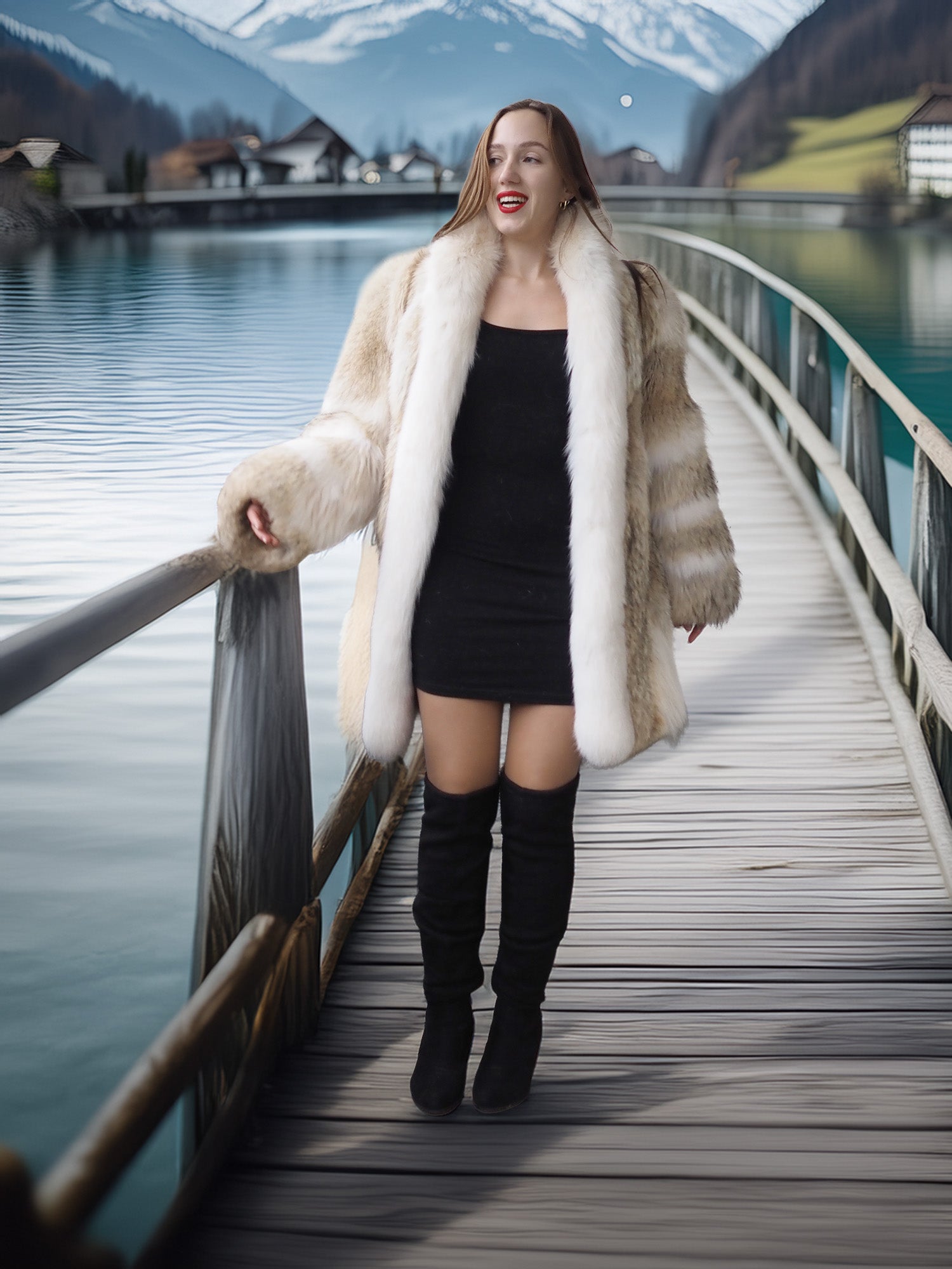 Woman in a fur coat standing on a wooden bridge over a lake with mountains in the background