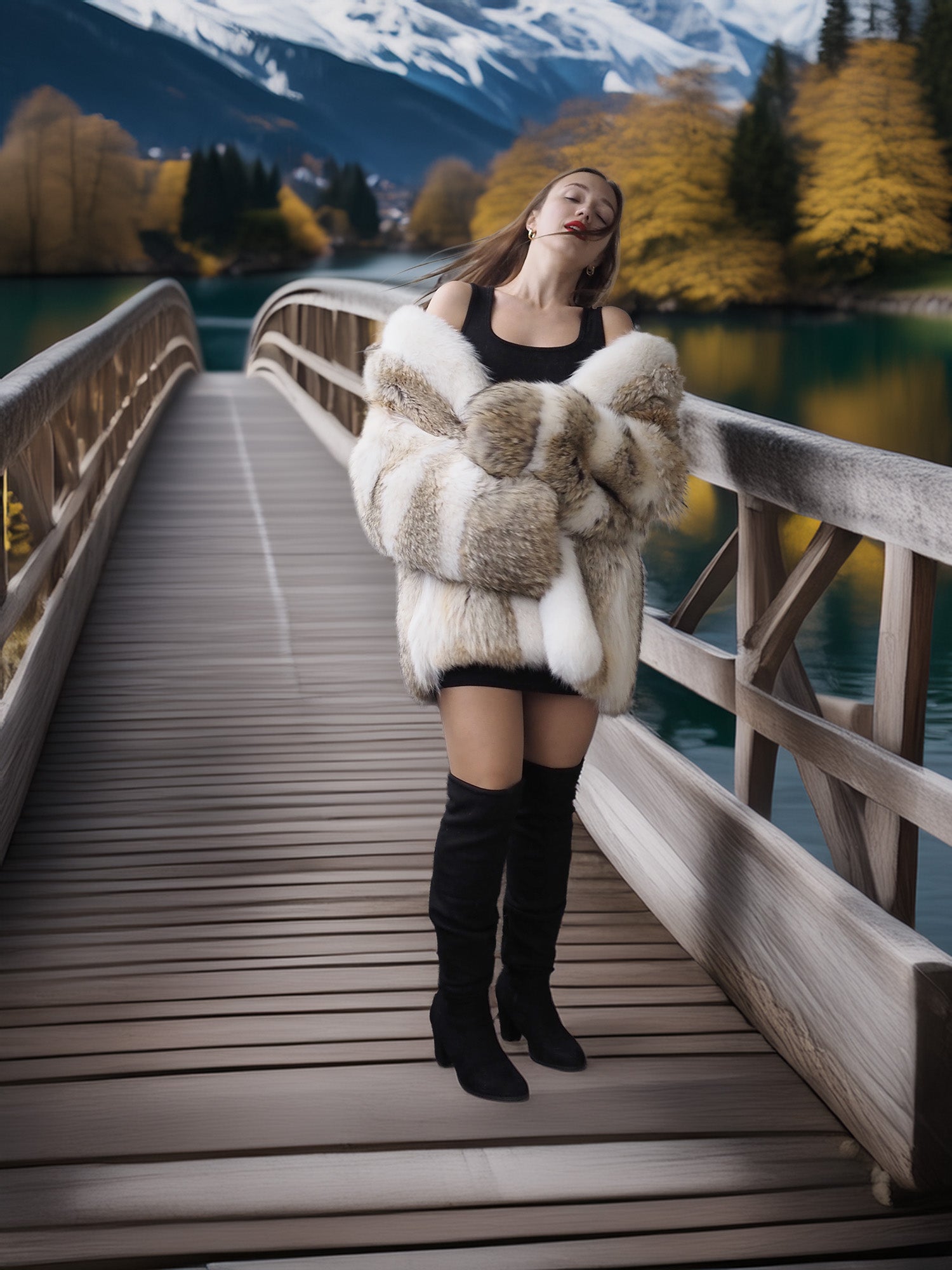 Woman in a fur coat standing on a wooden bridge with a scenic background