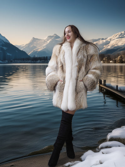 Woman in a fur coat standing by a snowy lake with mountains in the background