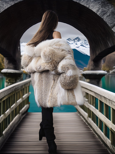 Person wearing a fur coat walking on a bridge with a snowy landscape in the background