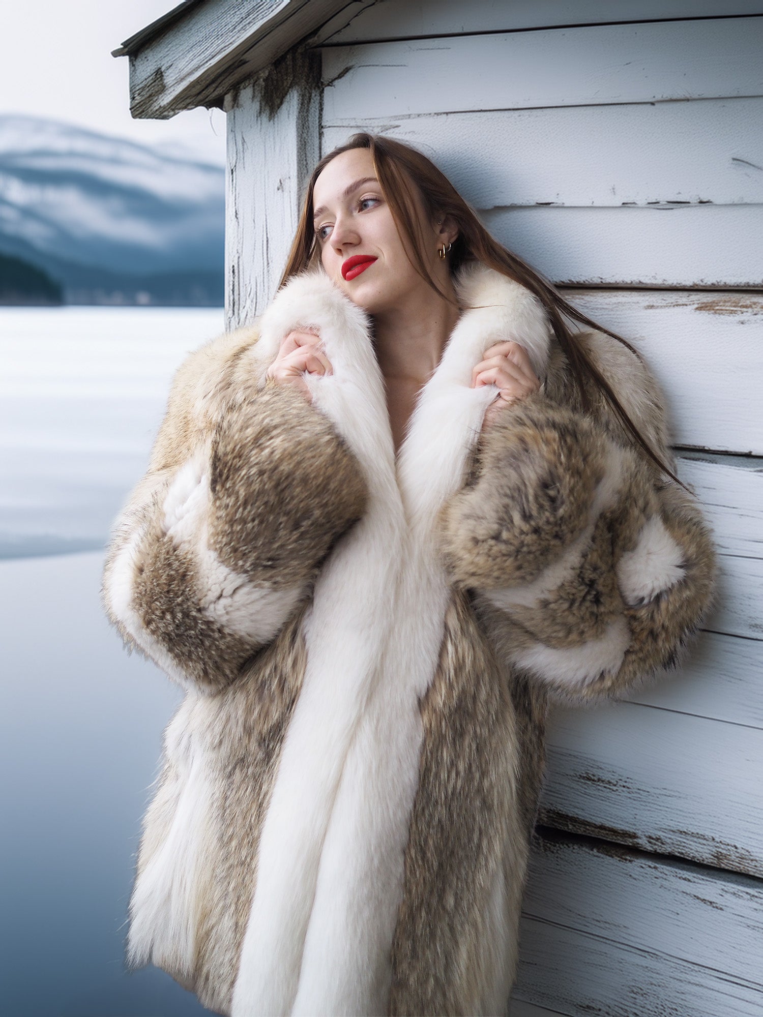 Woman wearing a fur coat standing against a wooden cabin with a snowy landscape.