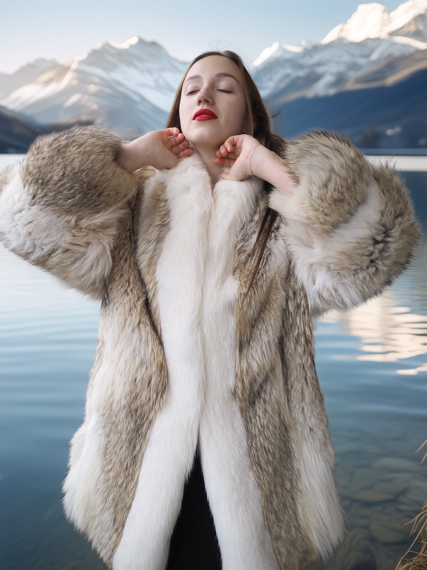 Woman wearing a fur coat with mountains and lake in the background