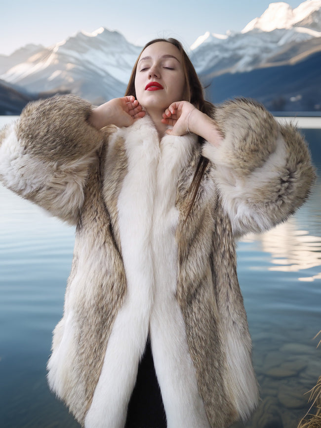 Woman wearing a fur coat with mountains and lake in the background