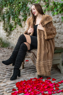Pastel mink fur coat, tan/beige, draped open front, wide hoodless collar, plush fur