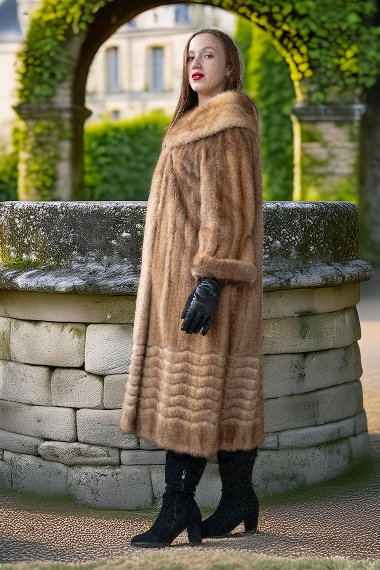 Tan mink fur coat with hooded collar and ribbed hem, styled with black gloves