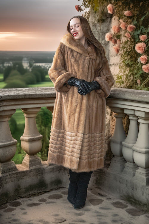 Tan mink fur coat with hooded collar and ribbed hem; black gloves and dark boots