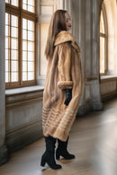 Tan mink coat with fur stand collar and hood, long sleeves, straight hem