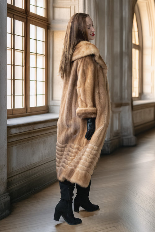 Tan mink coat with fur stand collar and hood, long sleeves, straight hem