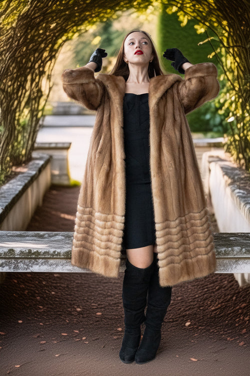 Pastel mink fur coat, tan/beige, mid-length with wide collar and open front
