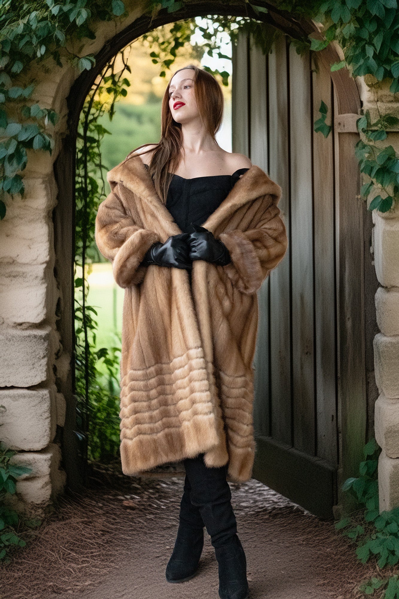 Pastel mink fur coat, tan/beige, hoodless collar, open front, plush fur texture