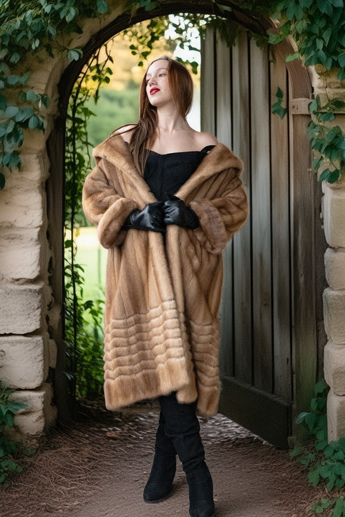 Pastel mink fur coat, tan/beige, hoodless collar, open front, plush fur texture