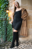 Pastel mink fur coat, tan/beige, mid-length with banded fur panels and open front