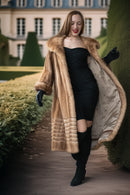Pastel mink fur coat, tan/beige, knee-length banded texture, wide hoodless collar
