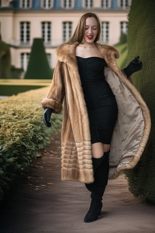 Pastel mink fur coat, tan/beige, knee-length banded texture, wide hoodless collar