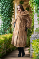 Pastel mink fur coat, tan/beige, full-length with wide collar and open front