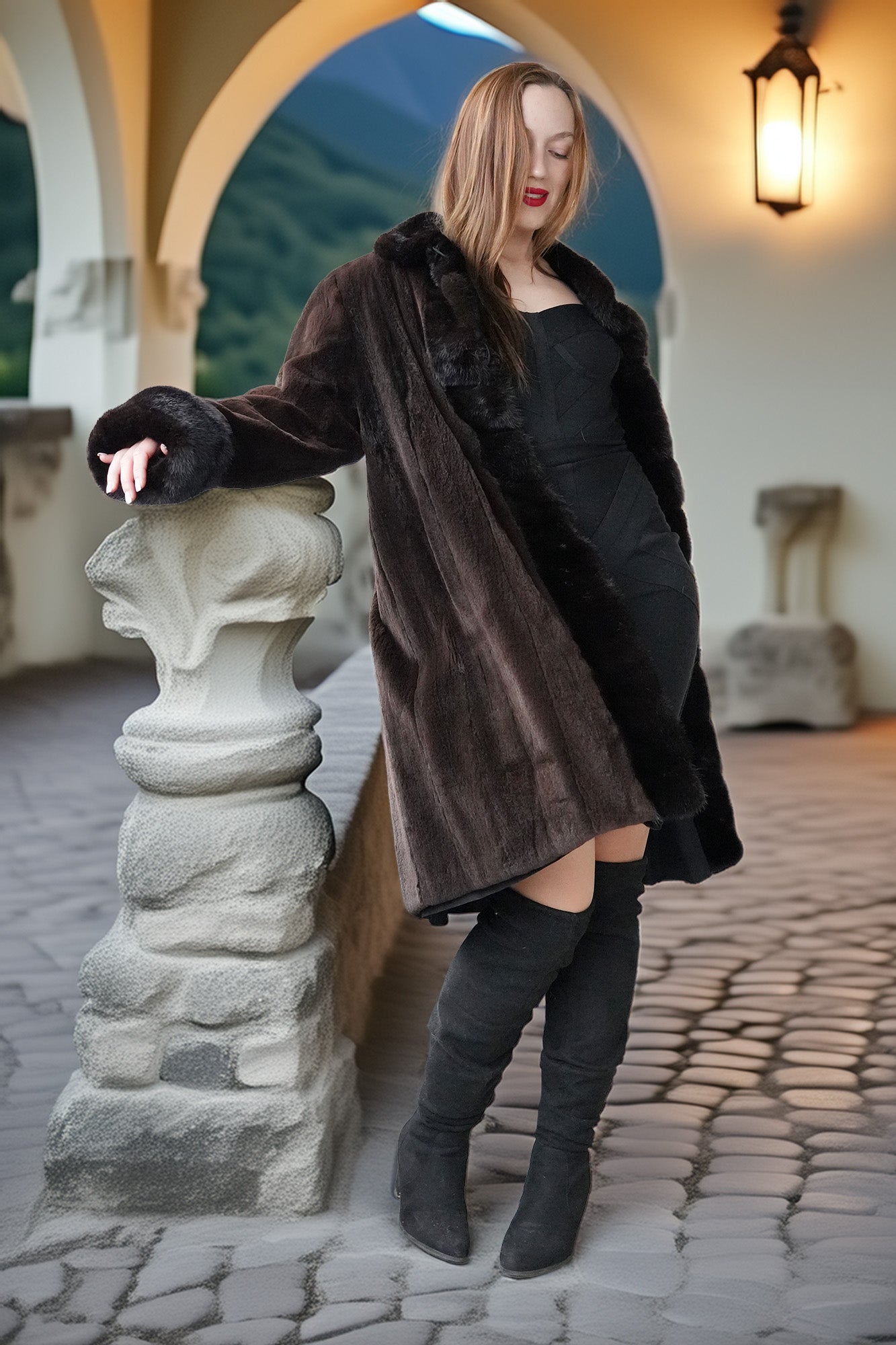 Dark mink coat with fur collar, button front, and wide sheared panels at sides