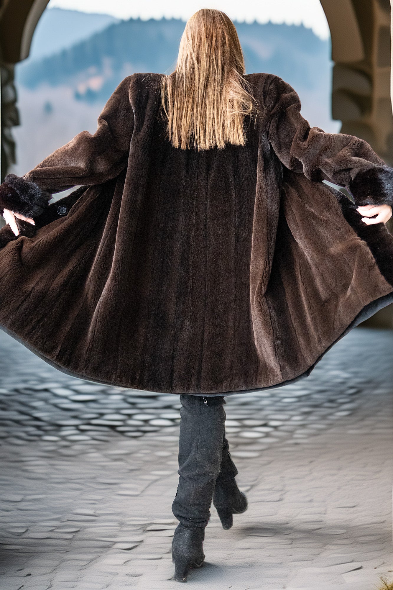 Mink coat back view with button closure and voluminous sleeves