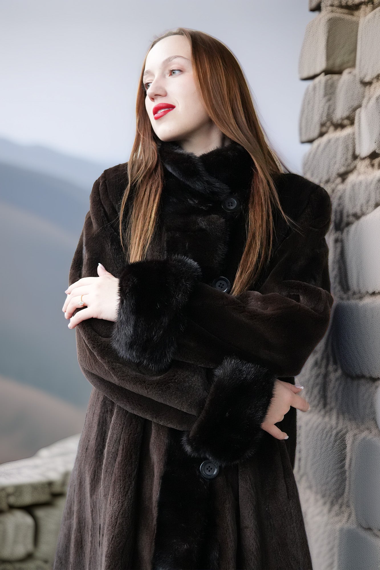 Front view of dark mink coat with oversized collar and button placket