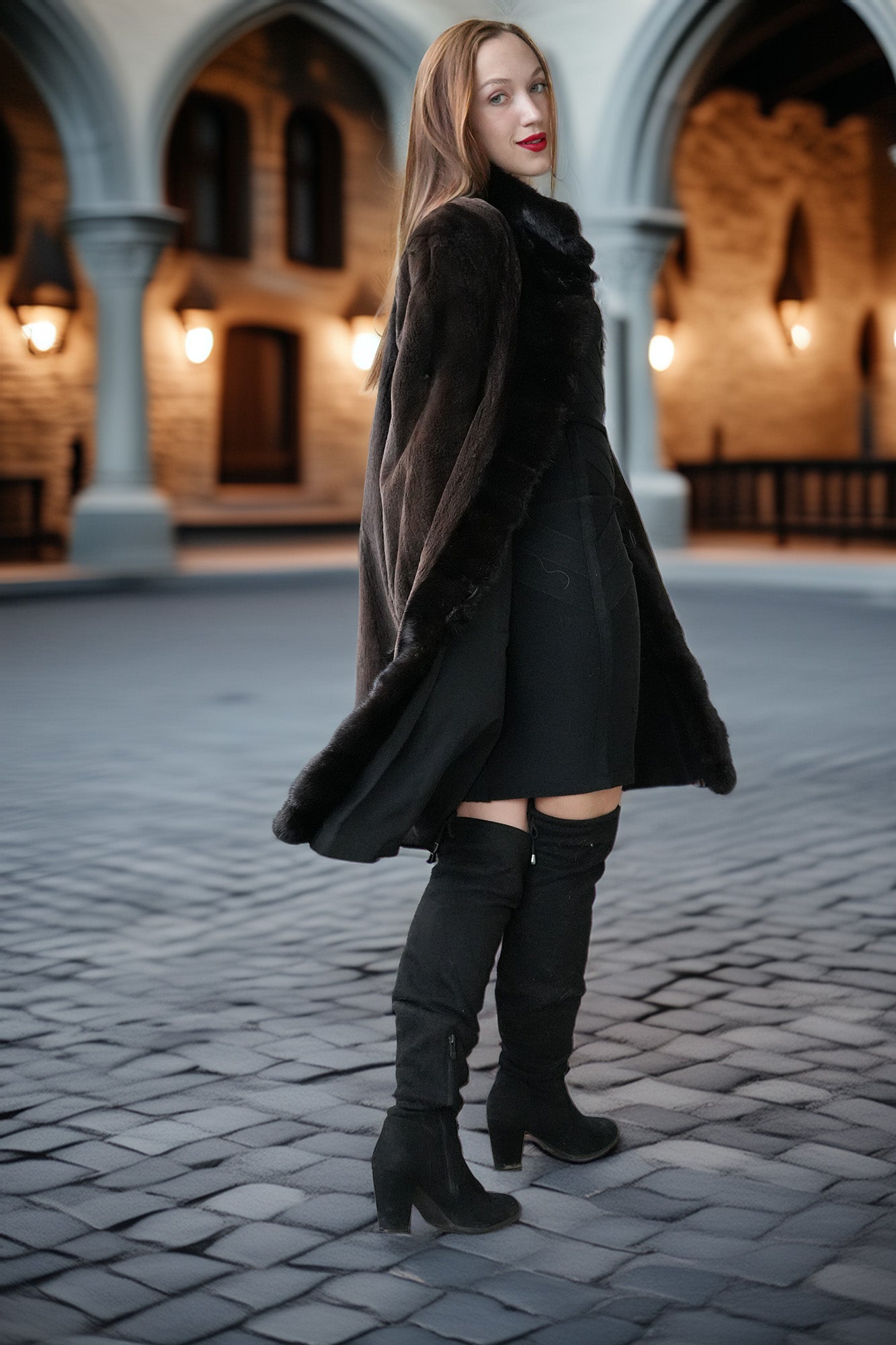 Dark mink coat with plush stand collar and full-length button front