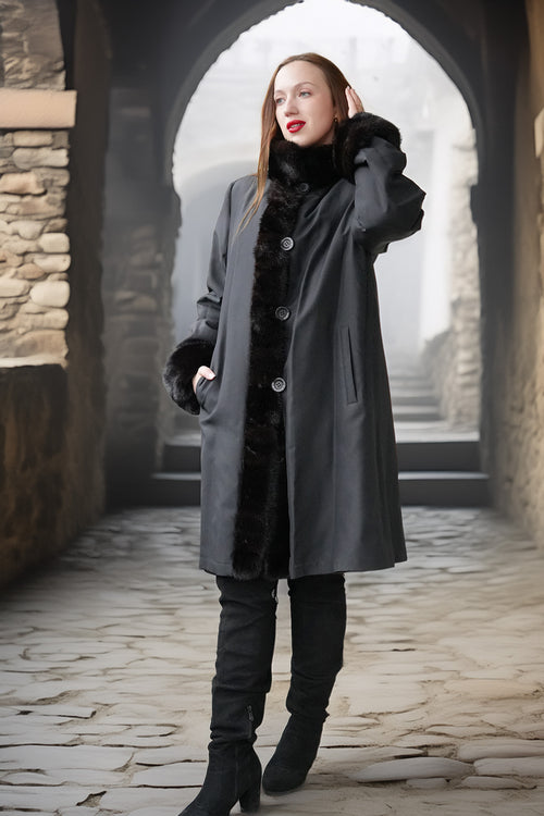 Dark shearling-style mink coat with button placket and large collar