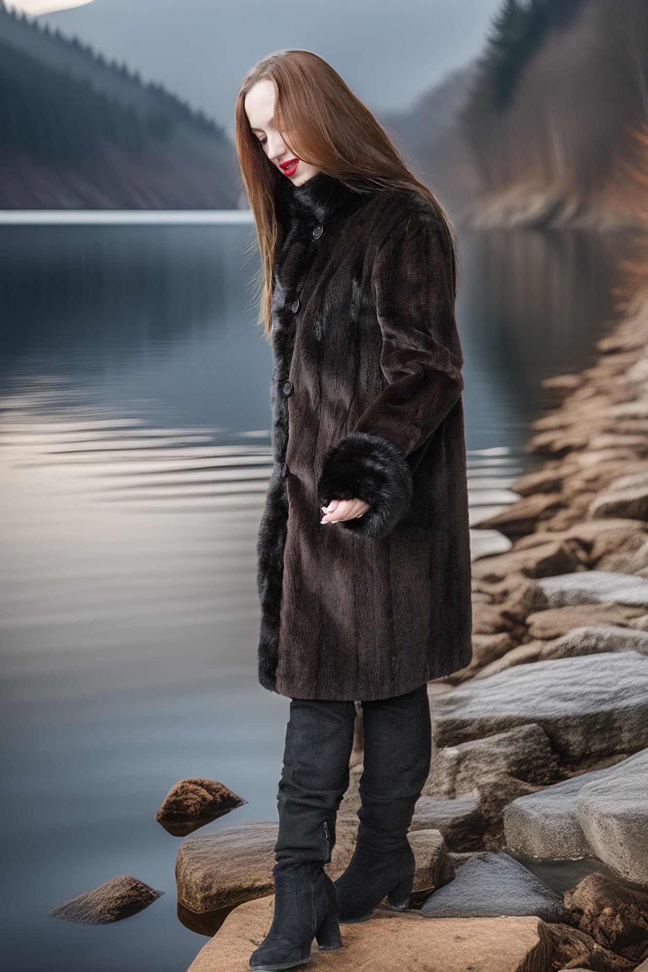 Dark fur button-front coat with plush cuffs, knee-length, side view