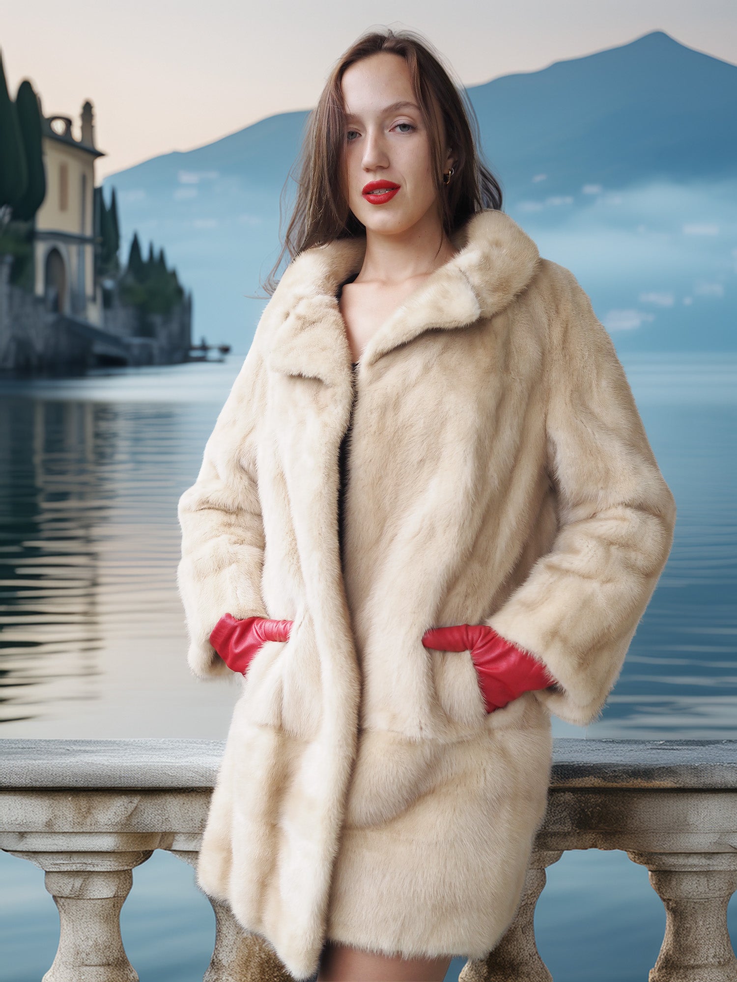 Woman wearing a fur coat and red gloves with a scenic background of a lake and mountains.