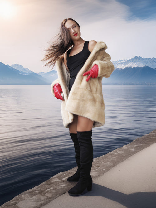 Woman in a fur coat and red gloves standing by a lake with mountains in the background