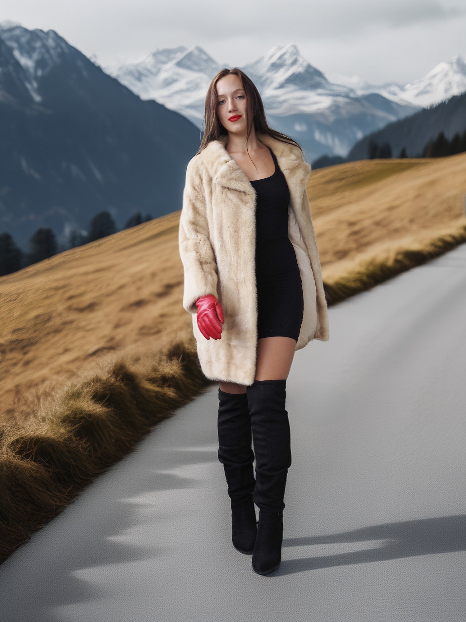 Woman in a fur coat and black boots standing on a road with mountains in the background