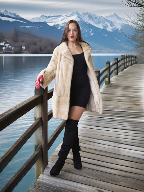 Woman in a fur coat standing on a wooden bridge with mountains and water in the background