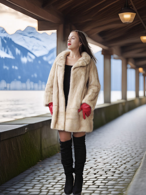 Woman in a fur coat and red gloves standing on a stone pathway with a scenic background
