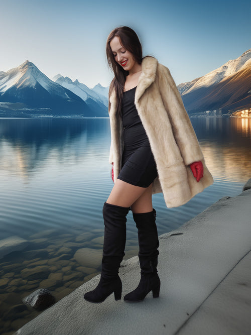 Woman in a fur coat and knee-high boots standing by a lake with mountains in the background