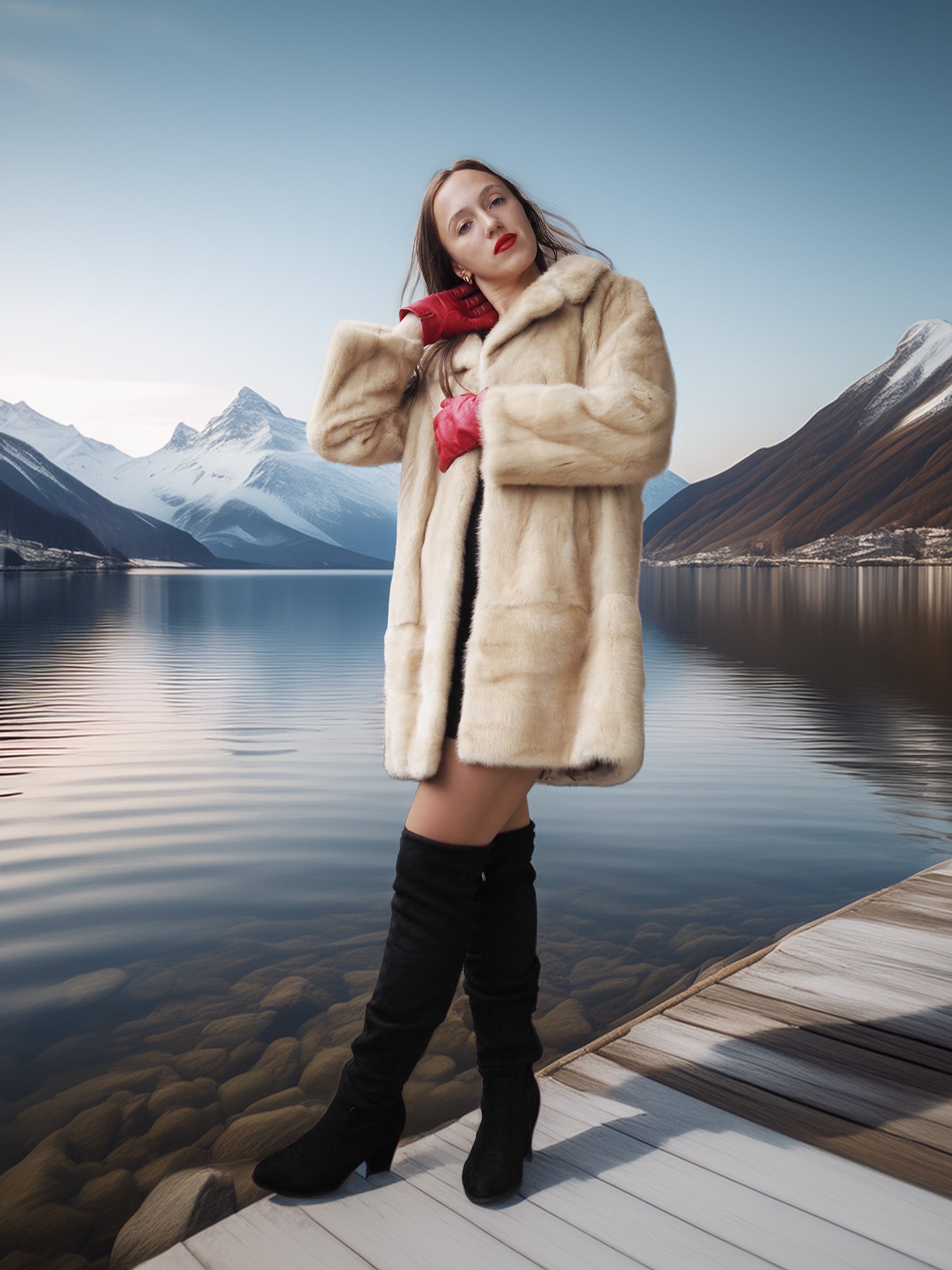 Woman in a fur coat standing on a dock with mountains and water in the background