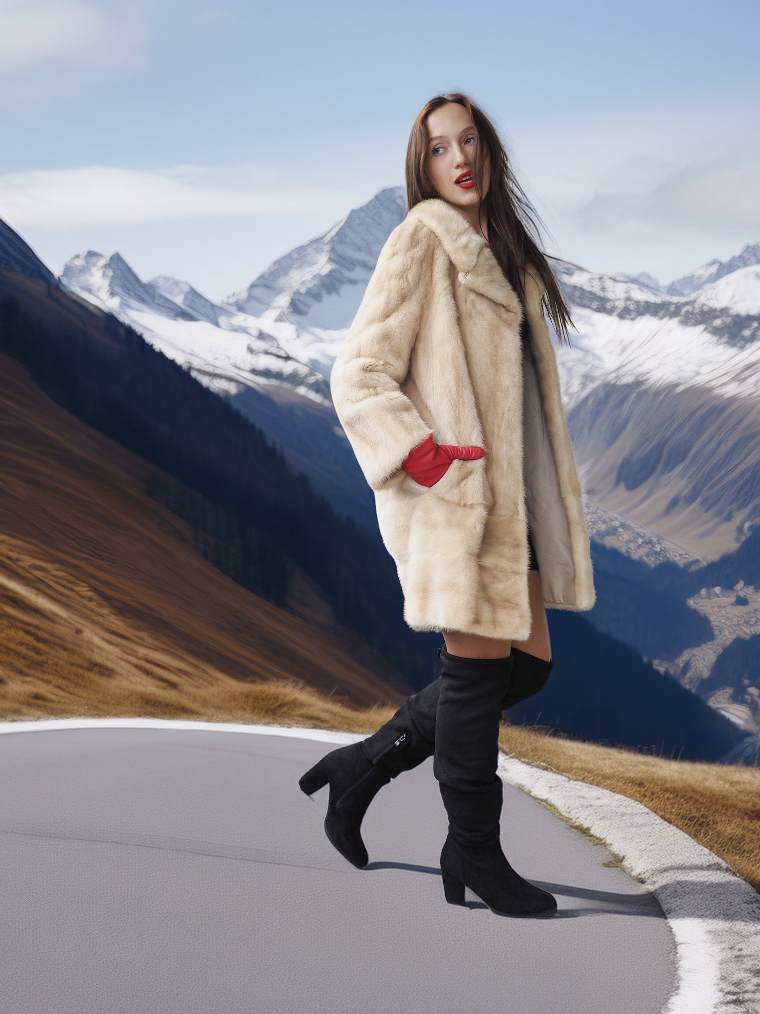Woman in a fur coat and black boots standing on a mountain road with snow-capped mountains in the background