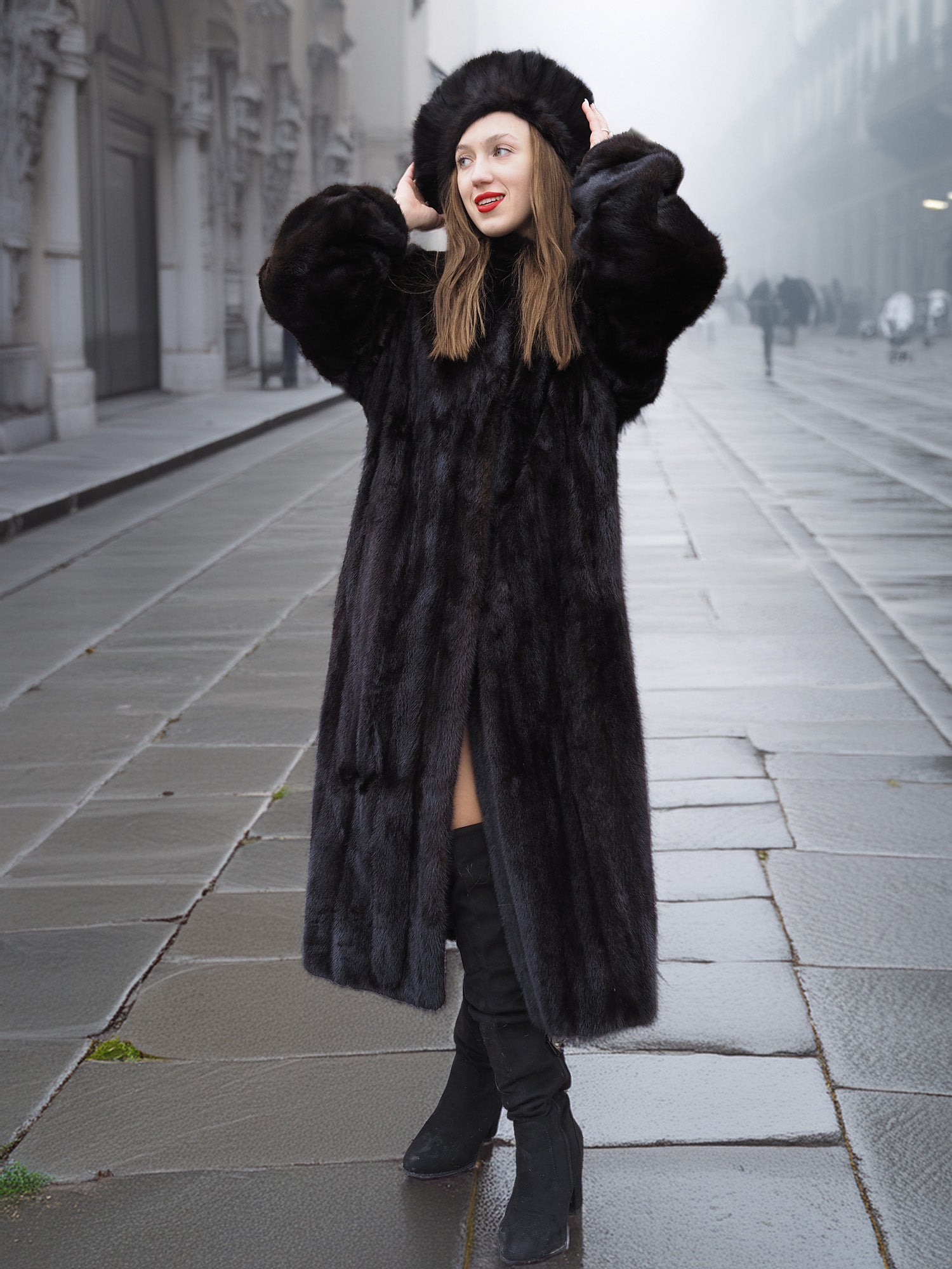 Dark ranch black mink fur coat with matching hat, styled for winter elegance. Ideal for luxury cold-weather outerwear collections.
