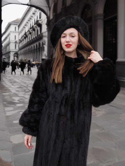 Dark Ranch Black Mink Fur Coat S Classic Design Bonus Mink Hat