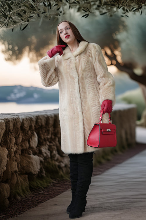 Ivory faux mink coat with plush collar and long sleeves, button-front style